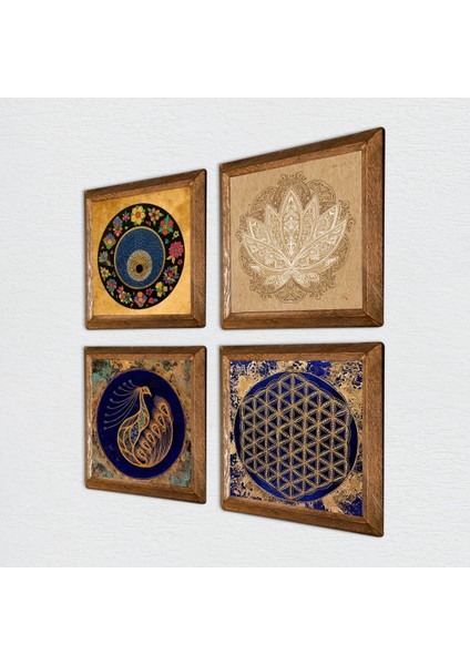 Tavus Kuşu, Lotus Çiçeği, Yaşam Çiçeği, Nazar Taş Duvar Tablosu Ahşap Çerçeveli Duvar Dekoru 4 Parça Tablo Seti Wall Art W4-808