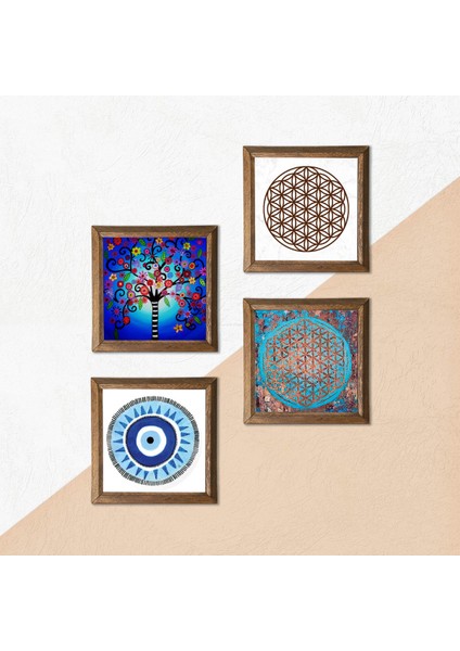 Nazar, Yaşam Çiçeği, Hayat Ağacı Taş Duvar Tablosu Ahşap Çerçeveli Duvar Dekoru 4 Parça Tablo Seti Wall Art W4-835