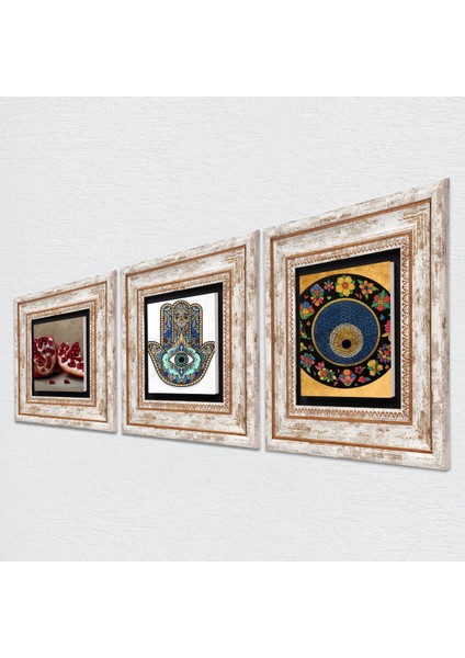 Nazar Boncuğu, Nar, Fatma Ana Eli (Hamsa) Taş Duvar Tablosu Çerçeveli Duvar Dekoru 3 Parça Tablo Seti Wall Art T3-727 fiyatları