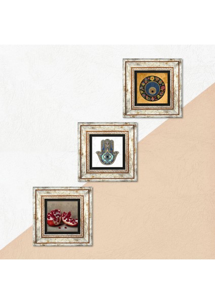 Nazar Boncuğu, Nar, Fatma Ana Eli (Hamsa) Taş Duvar Tablosu Çerçeveli Duvar Dekoru 3 Parça Tablo Seti Wall Art T3-727 indirimleri