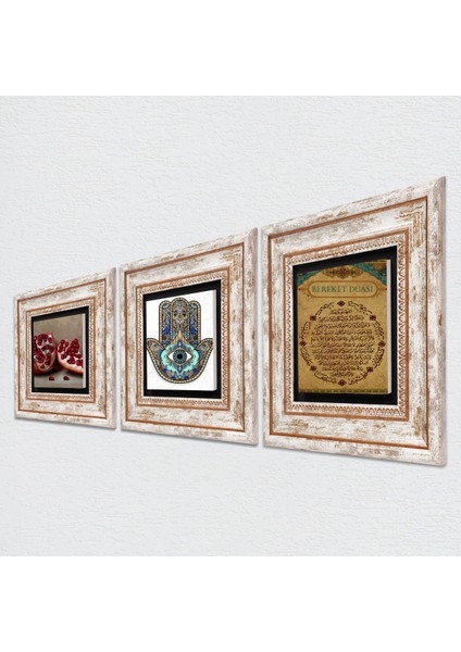 Stone Bereket Duası, Nar, Fatma Ana Eli (Hamsa) Çerçeveli Taş Duvar Tablosu 3’lü Set - Dekoratif Modern Sanat, Ev ve Ofis Dekoru |TK3-730| fiyatları