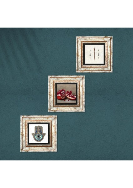 Elif, Nar, Fatma Ana Eli (Hamsa) Taş Duvar Tablosu Çerçeveli Duvar Dekoru 3 Parça Tablo Seti Wall Art T3-735 fırsatları