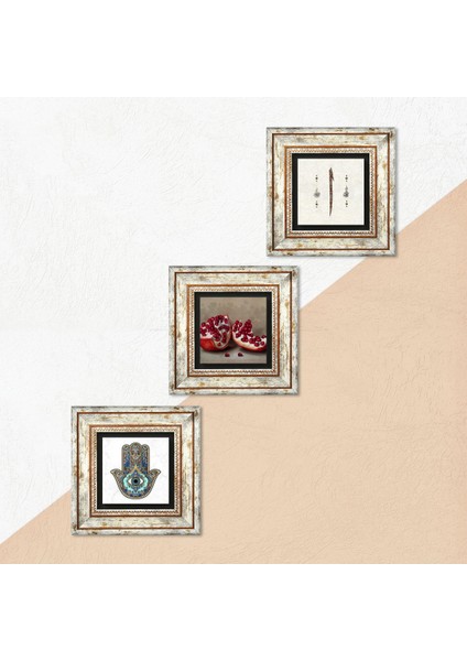 Elif, Nar, Fatma Ana Eli (Hamsa) Taş Duvar Tablosu Çerçeveli Duvar Dekoru 3 Parça Tablo Seti Wall Art T3-735 indirimleri