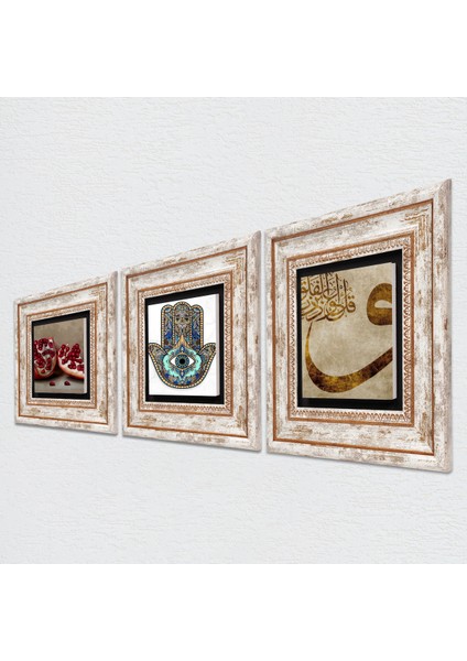 Vav, Nar, Fatma Ana Eli (Hamsa) Taş Duvar Tablosu Çerçeveli Duvar Dekoru 3 Parça Tablo Seti Wall Art T3-736 fiyatları