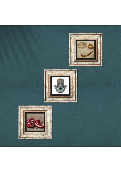 Vav, Nar, Fatma Ana Eli (Hamsa) Taş Duvar Tablosu Çerçeveli Duvar Dekoru 3 Parça Tablo Seti Wall Art T3-736 fırsatları