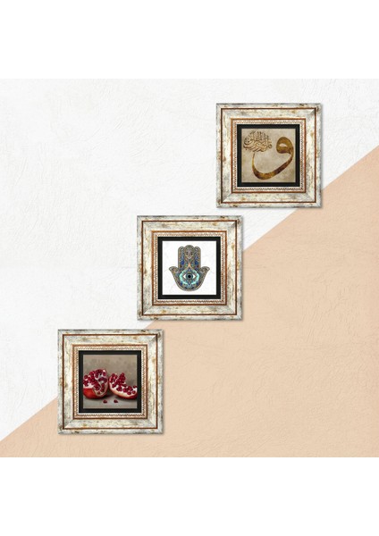 Vav, Nar, Fatma Ana Eli (Hamsa) Taş Duvar Tablosu Çerçeveli Duvar Dekoru 3 Parça Tablo Seti Wall Art T3-736 indirimleri
