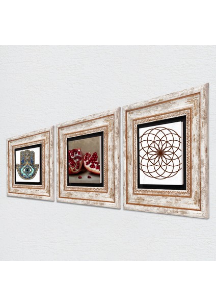 Yaşam Çiçeği, Nar, Fatma Ana Eli (Hamsa) Çerçeveli Taş Duvar Tablosu 3’lü Set - Dekoratif Modern Sanat, Ev ve Ofis Dekoru |TK3-743| fiyatları
