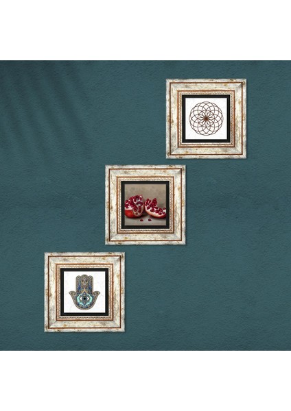 Yaşam Çiçeği, Nar, Fatma Ana Eli (Hamsa) Çerçeveli Taş Duvar Tablosu 3’lü Set - Dekoratif Modern Sanat, Ev ve Ofis Dekoru |TK3-743| fırsatları
