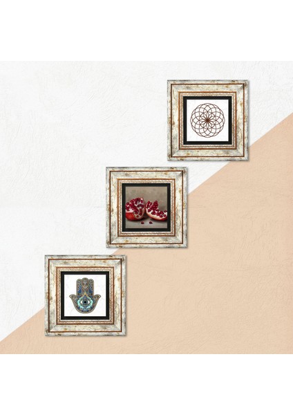 Yaşam Çiçeği, Nar, Fatma Ana Eli (Hamsa) Çerçeveli Taş Duvar Tablosu 3’lü Set - Dekoratif Modern Sanat, Ev ve Ofis Dekoru |TK3-743| indirimleri