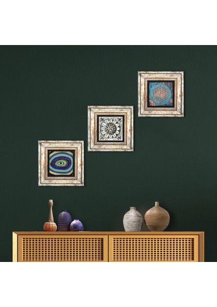 Nazar, Yaşam Çiçeği, Çini Sanatı Çerçeveli Taş Duvar Tablosu 3’lü Set - Dekoratif Modern Sanat, Ev ve Ofis Dekoru |TK3-113|