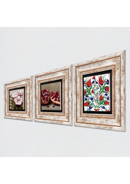 Çini Sanatı Lale, Kelebekli Çiçek, Nar Taş Duvar Tablosu Çerçeveli Duvar Dekoru 3 Parça Tablo Seti Wall Art T3-1246 fiyatları