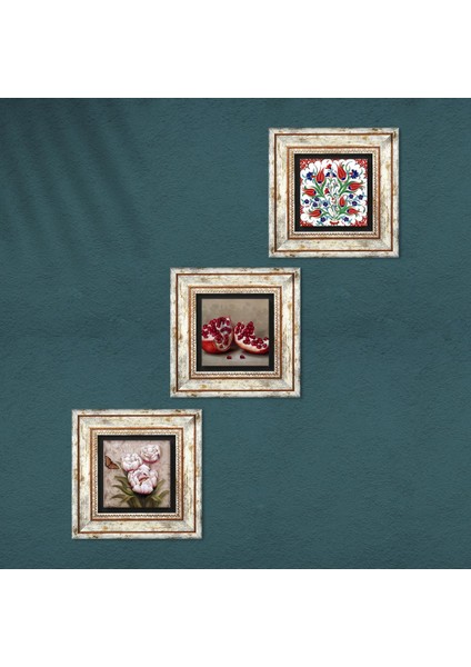 Çini Sanatı Lale, Kelebekli Çiçek, Nar Taş Duvar Tablosu Çerçeveli Duvar Dekoru 3 Parça Tablo Seti Wall Art T3-1246 fırsatları