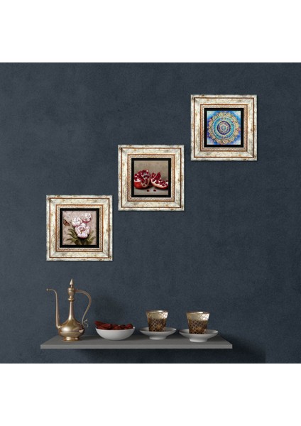 Mandala, Kelebekli Çiçek, Nar Taş Duvar Tablosu Çerçeveli Duvar Dekoru 3 Parça Tablo Seti Wall Art T3-1256