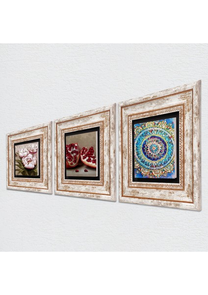 Mandala, Kelebekli Çiçek, Nar Taş Duvar Tablosu Çerçeveli Duvar Dekoru 3 Parça Tablo Seti Wall Art T3-1256