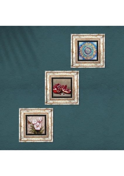 Mandala, Kelebekli Çiçek, Nar Taş Duvar Tablosu Çerçeveli Duvar Dekoru 3 Parça Tablo Seti Wall Art T3-1256