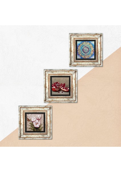 Mandala, Kelebekli Çiçek, Nar Taş Duvar Tablosu Çerçeveli Duvar Dekoru 3 Parça Tablo Seti Wall Art T3-1256