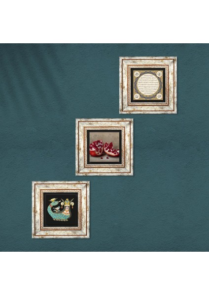 Hilye-i Şerif, Şahmeran, Nar Taş Duvar Tablosu Çerçeveli Duvar Dekoru 3 Parça Tablo Seti Wall Art T3-969
