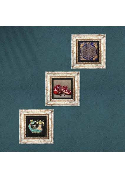 Yaşam Çiçeği, Şahmeran, Nar Taş Duvar Tablosu Çerçeveli Duvar Dekoru 3 Parça Tablo Seti Wall Art T3-993
