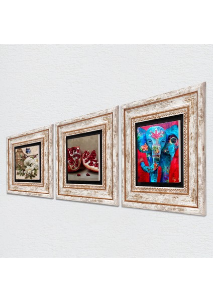 Fil, Kelebekli Çiçek, Nar Taş Duvar Tablosu Çerçeveli Duvar Dekoru 3 Parça Tablo Seti Wall Art T3-1100