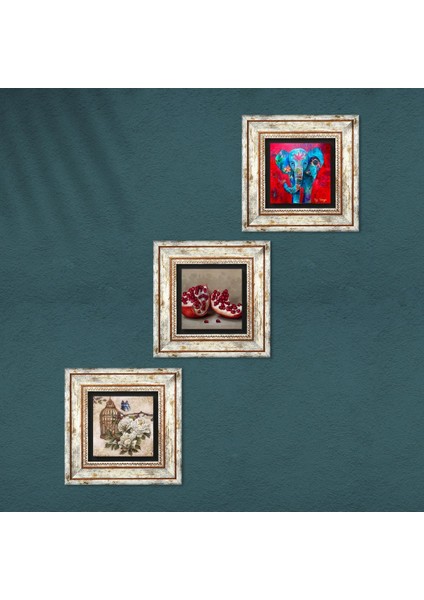 Fil, Kelebekli Çiçek, Nar Taş Duvar Tablosu Çerçeveli Duvar Dekoru 3 Parça Tablo Seti Wall Art T3-1100