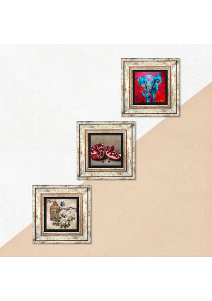 Fil, Kelebekli Çiçek, Nar Taş Duvar Tablosu Çerçeveli Duvar Dekoru 3 Parça Tablo Seti Wall Art T3-1100