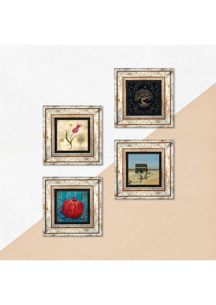 Hayat Ağacı, Lale, Kabe-i Muazzama, Nar Taş Duvar Tablosu Çerçeveli Duvar Dekoru 4 Parça Tablo Seti Wall Art T4-391 indirimleri