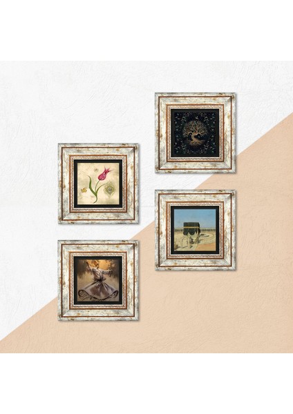 Stone Semazen, Hayat Ağacı, Lale, Kabe-i Muazzama Çerçeveli Taş Duvar Tablosu 4’lü Set - Dekoratif Modern Sanat, Ev ve Ofis Dekoru |TK4-400| indirimleri