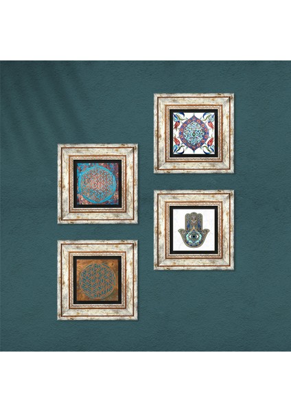 Yaşam Çiçeği, Çini Sanatı, Fatma Ana Eli (Hamsa) Taş Duvar Tablosu Çerçeveli Duvar Dekoru 4 Parça Tablo Seti Wall Art T4-402
