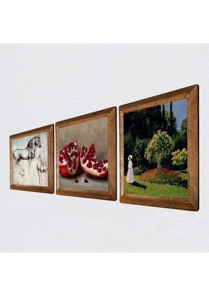 Claude Monet Bahçedeki Kadın, Da Vinci At Heykeli, Nar Taş Duvar Tablosu Ahşap Çerçeveli Duvar Dekoru 3 Parça Tablo Seti Wall Art W3-1336