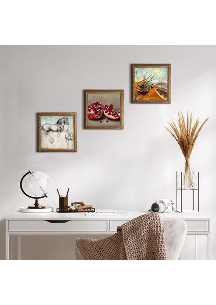 Van Gogh Balıkçı Tekneleri, Da Vinci At Heykeli, Nar Taş Duvar Tablosu Ahşap Çerçeveli Duvar Dekoru 3 Parça Tablo Seti Wall Art W3-1341