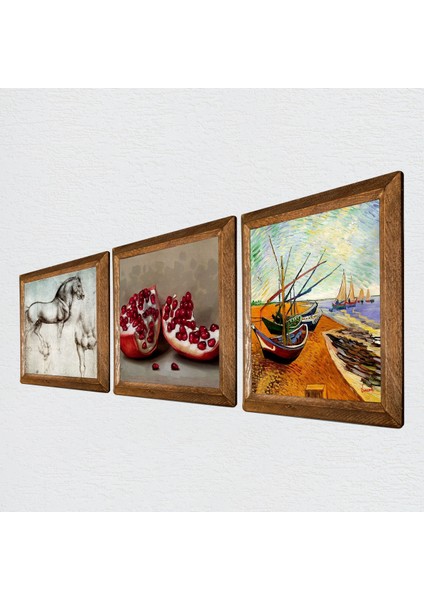 Van Gogh Balıkçı Tekneleri, Da Vinci At Heykeli, Nar Taş Duvar Tablosu Ahşap Çerçeveli Duvar Dekoru 3 Parça Tablo Seti Wall Art W3-1341