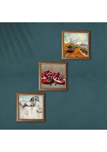 Van Gogh Balıkçı Tekneleri, Da Vinci At Heykeli, Nar Taş Duvar Tablosu Ahşap Çerçeveli Duvar Dekoru 3 Parça Tablo Seti Wall Art W3-1341