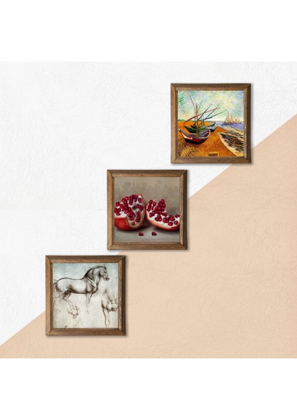 Van Gogh Balıkçı Tekneleri, Da Vinci At Heykeli, Nar Taş Duvar Tablosu Ahşap Çerçeveli Duvar Dekoru 3 Parça Tablo Seti Wall Art W3-1341