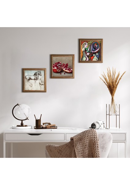 Picasso Ayna Karşısındaki Kız, Da Vinci At Heykeli, Nar Taş Duvar Tablosu Ahşap Çerçeveli Duvar Dekoru 3 Parça Tablo Seti Wall Art W3-1346