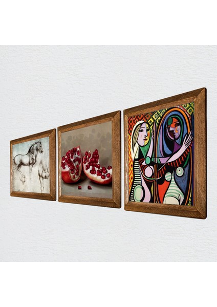 Picasso Ayna Karşısındaki Kız, Da Vinci At Heykeli, Nar Taş Duvar Tablosu Ahşap Çerçeveli Duvar Dekoru 3 Parça Tablo Seti Wall Art W3-1346