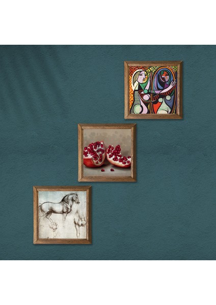 Picasso Ayna Karşısındaki Kız, Da Vinci At Heykeli, Nar Taş Duvar Tablosu Ahşap Çerçeveli Duvar Dekoru 3 Parça Tablo Seti Wall Art W3-1346