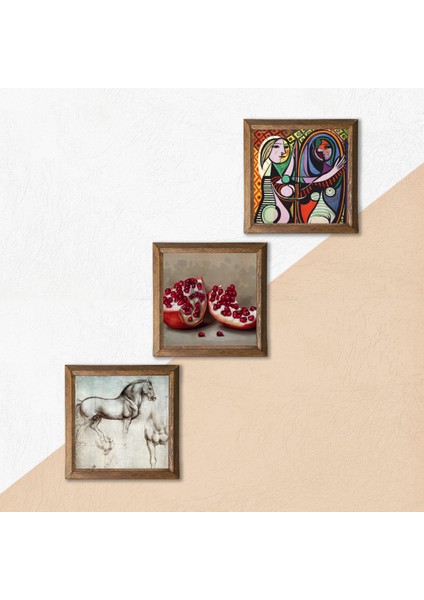 Picasso Ayna Karşısındaki Kız, Da Vinci At Heykeli, Nar Taş Duvar Tablosu Ahşap Çerçeveli Duvar Dekoru 3 Parça Tablo Seti Wall Art W3-1346