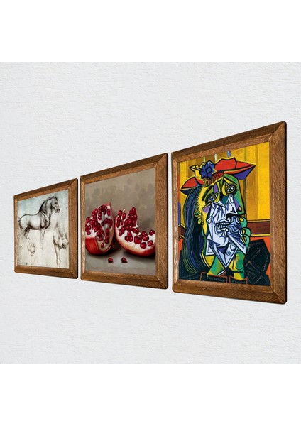 Picasso Ağlayan Kadın, Leonardo da Vinci At Heykeli, Nar Taş Duvar Tablosu Ahşap Çerçeveli Duvar Dekoru 3 Parça Tablo Seti Wall Art W3-1348 fiyatları