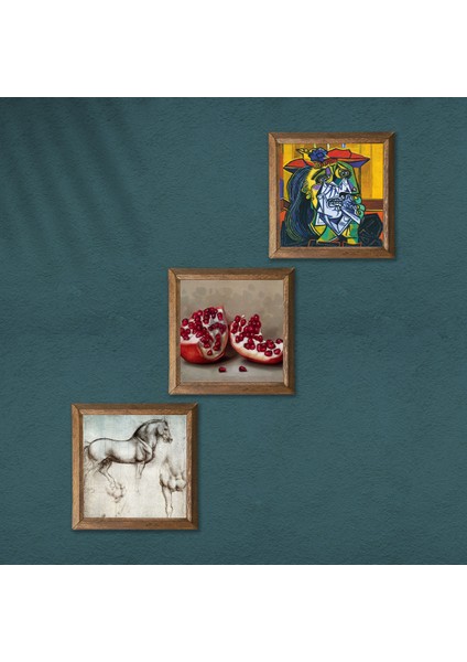 Picasso Ağlayan Kadın, Leonardo da Vinci At Heykeli, Nar Taş Duvar Tablosu Ahşap Çerçeveli Duvar Dekoru 3 Parça Tablo Seti Wall Art W3-1348 modelleri