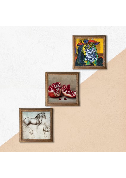 Picasso Ağlayan Kadın, Leonardo da Vinci At Heykeli, Nar Taş Duvar Tablosu Ahşap Çerçeveli Duvar Dekoru 3 Parça Tablo Seti Wall Art W3-1348 indirimleri