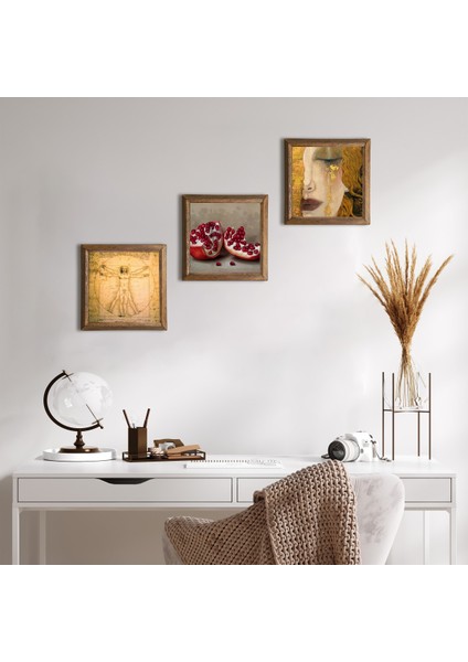 Gustav Klimt, Da Vinci, Nar Taş Duvar Tablosu Ahşap Çerçeveli Duvar Dekoru 3 Parça Tablo Seti Wall Art W3-1361