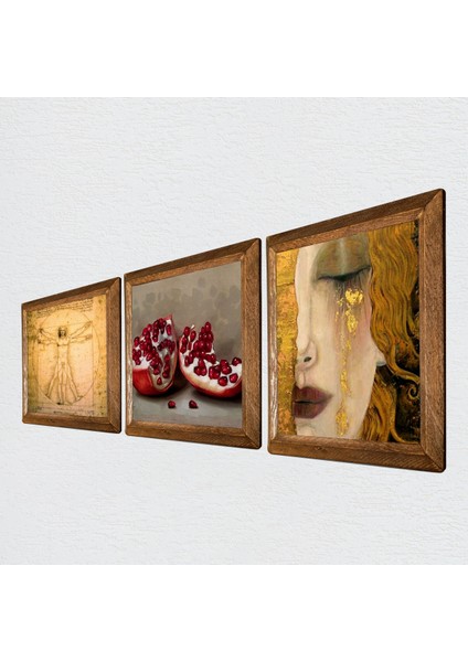 Gustav Klimt, Da Vinci, Nar Taş Duvar Tablosu Ahşap Çerçeveli Duvar Dekoru 3 Parça Tablo Seti Wall Art W3-1361