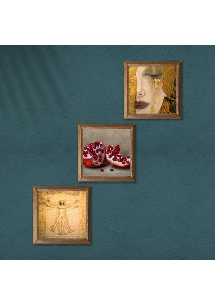 Gustav Klimt, Da Vinci, Nar Taş Duvar Tablosu Ahşap Çerçeveli Duvar Dekoru 3 Parça Tablo Seti Wall Art W3-1361