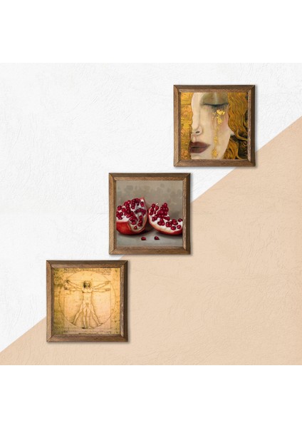 Gustav Klimt, Da Vinci, Nar Taş Duvar Tablosu Ahşap Çerçeveli Duvar Dekoru 3 Parça Tablo Seti Wall Art W3-1361