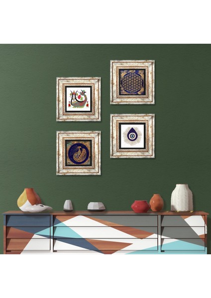 Nazar, Tavus Kuşu, Yaşam Çiçeği, Şahmeran Taş Duvar Tablosu Çerçeveli Duvar Dekoru 4 Parça Tablo Seti Wall Art T4-1415