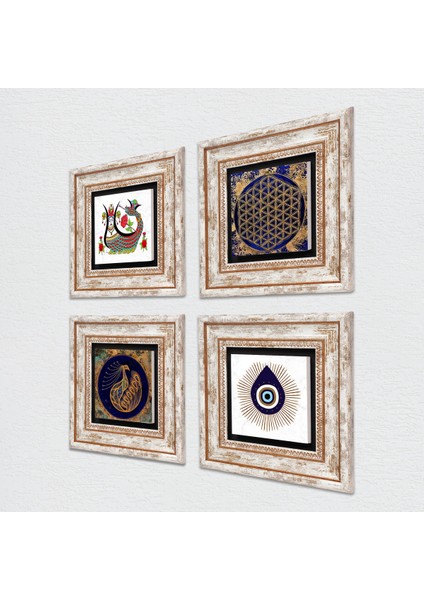 Nazar, Tavus Kuşu, Yaşam Çiçeği, Şahmeran Taş Duvar Tablosu Çerçeveli Duvar Dekoru 4 Parça Tablo Seti Wall Art T4-1415 fiyatları