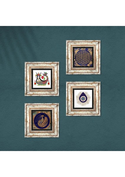 Nazar, Tavus Kuşu, Yaşam Çiçeği, Şahmeran Taş Duvar Tablosu Çerçeveli Duvar Dekoru 4 Parça Tablo Seti Wall Art T4-1415 fırsatları