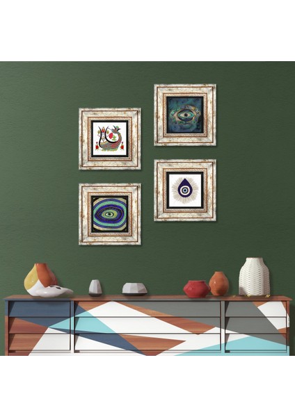 Nazar, Şahmeran Taş Duvar Tablosu Çerçeveli Duvar Dekoru 4 Parça Tablo Seti Wall Art T4-1424