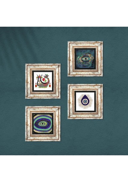 Nazar, Şahmeran Taş Duvar Tablosu Çerçeveli Duvar Dekoru 4 Parça Tablo Seti Wall Art T4-1424