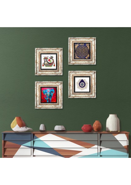 Nazar, Fil, Yaşam Çiçeği, Şahmeran Taş Duvar Tablosu Çerçeveli Duvar Dekoru 4 Parça Tablo Seti Wall Art T4-1436